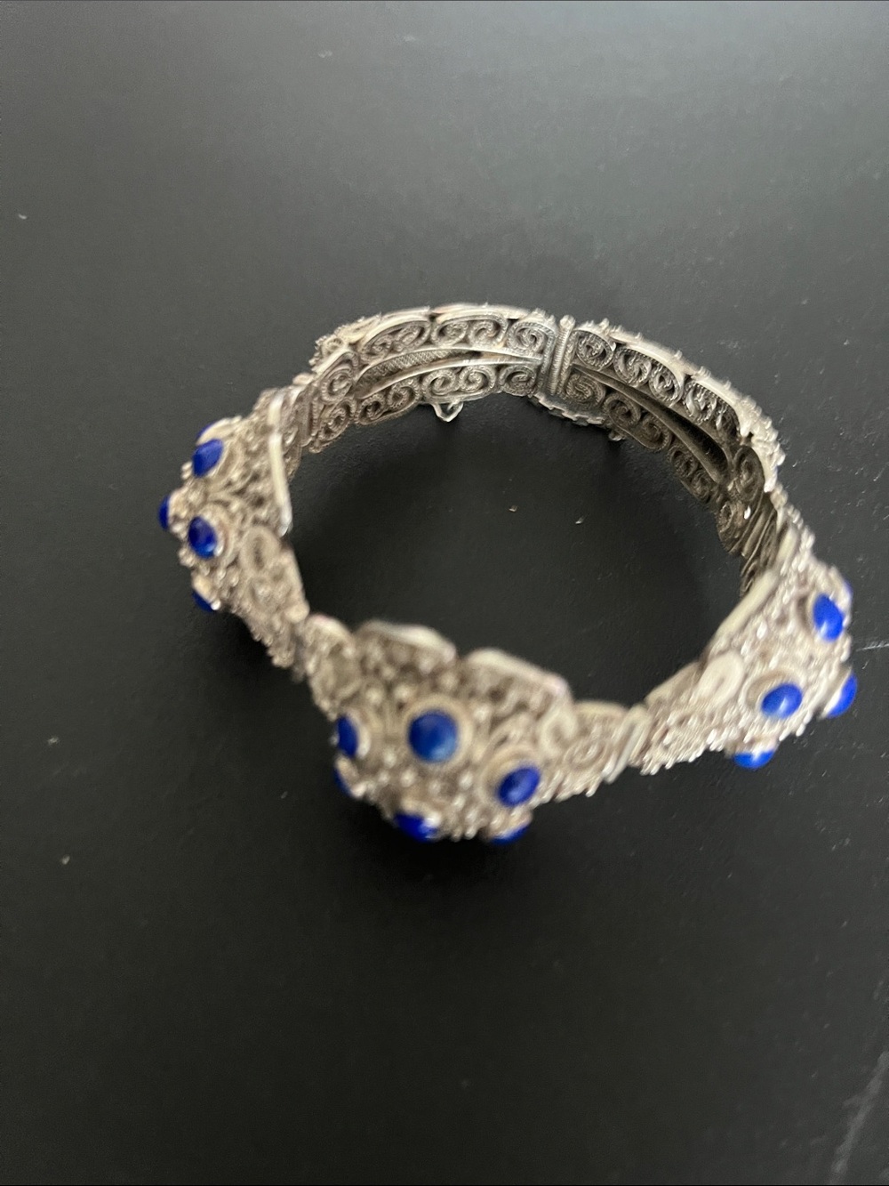 Vintage Ornate Silver Filigree Bracelet lapis Blue Stones